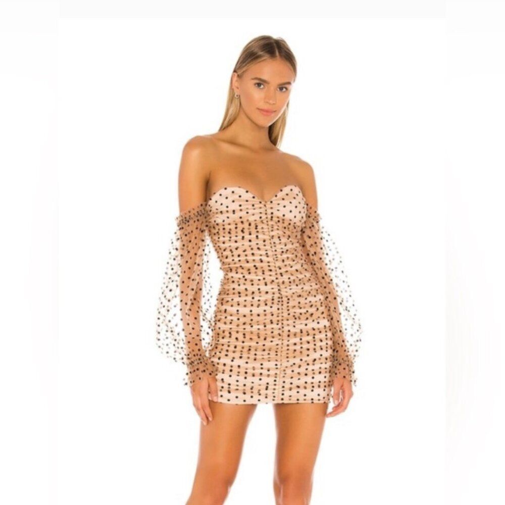 MAJORELLE Nude Dot Mesh Off-Shoulder Mini Dress